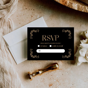 Tarjeta De Confirmación De Asistencia Deco Moderno Boda Elegante de Negro y Dorado