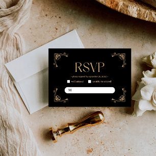 Tarjeta De Confirmación De Asistencia Deco Moderno Boda Elegante de Negro y Dorado