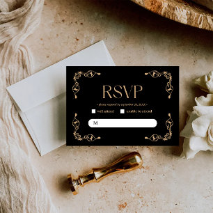 Tarjeta De Confirmación De Asistencia Deco Moderno Boda Elegante de Negro y Dorado