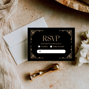 Tarjeta De Confirmación De Asistencia Deco Moderno Boda elegante en negro y dorado