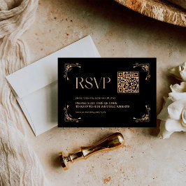 Tarjeta De Confirmación De Asistencia Deco Moderno | Código QR para Boda en Negro y Dora