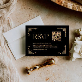 Tarjeta De Confirmación De Asistencia Deco Moderno | Código QR para Boda Negra y Dorada