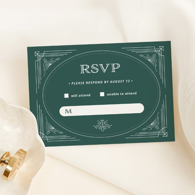 Tarjeta De Confirmación De Asistencia Deco moderno | Elegante Boda de vacaciones verdes (An elegant, festive green rsvp card for your Christmas holiday wedding)