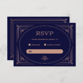 Tarjeta De Confirmación De Asistencia Deco moderno | Faux Rosa Gold y Navy Blue Boda