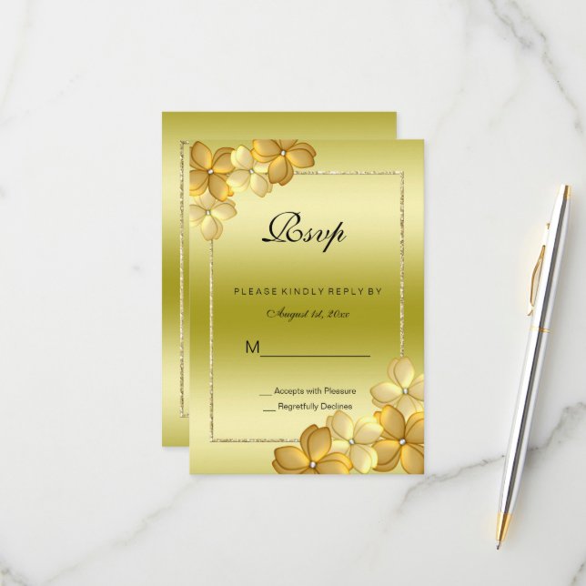 Tarjeta De Confirmación De Asistencia Decoración floral de oro y Purpurina 60 cumpleaños (Anverso/Reverso In Situ)