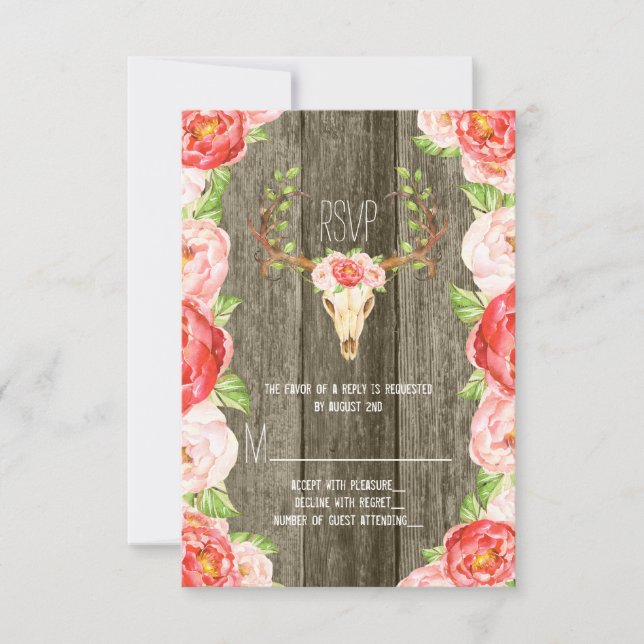 Tarjeta De Confirmación De Asistencia Deer Antler Rustic Wood Boda Suroeste (Anverso)
