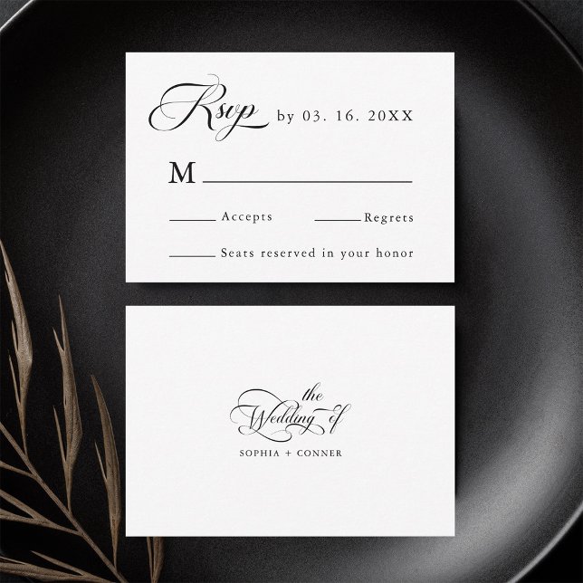 Tarjeta De Confirmación De Asistencia Delicada boda elegante negro y blanco (Front & Back)