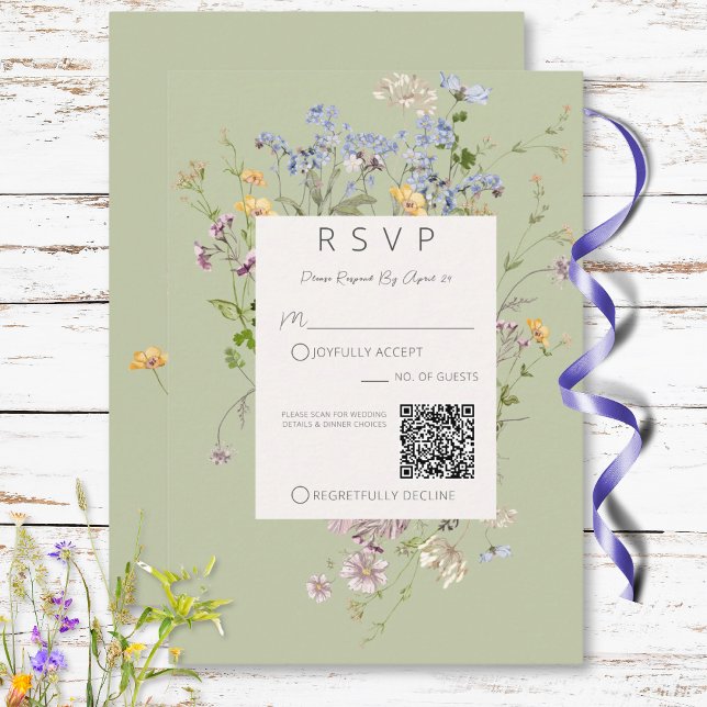 Tarjeta De Confirmación De Asistencia Delicado Boho Wildflowers Boda verde de código QR (Delicate Boho Wildflowers Green QR Code Wedding RSVP Card)