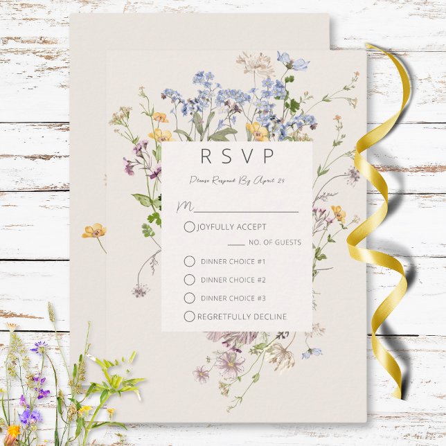 Tarjeta De Confirmación De Asistencia Delicado Boho Wildflowers Cream Three Dinner (Delicate Boho Wildflowers Cream Three Dinner RSVP Card)