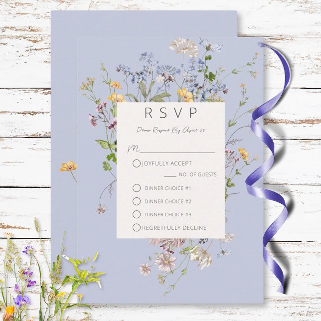 Tarjeta De Confirmación De Asistencia Delicado Boho Wildflowers Periwinkle Tres Cenas (Delicate Boho Wildflowers Periwinkle Three Dinner RSVP Card)