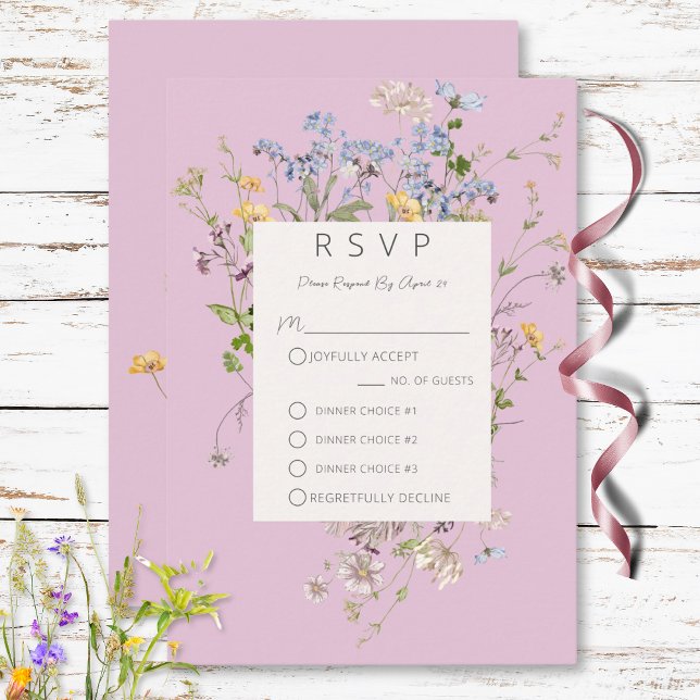 Tarjeta De Confirmación De Asistencia Delicado Boho Wildflowers Pink Three Dinner (Delicate Boho Wildflowers Pink Three Dinner RSVP Card)