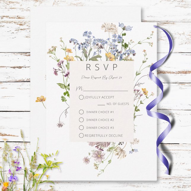 Tarjeta De Confirmación De Asistencia Delicado Boho Wildflowers White Three Dinner (Delicate Boho Wildflowers White Three Dinner RSVP Card)