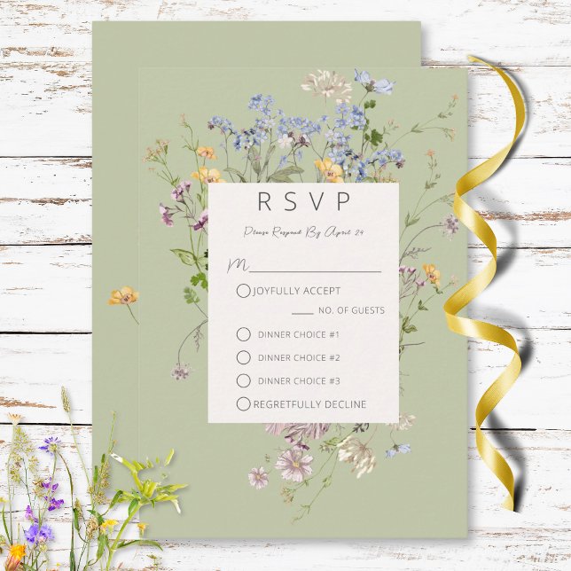 Tarjeta De Confirmación De Asistencia Delicados Boho Wildflowers Green Tres Cenas (Delicate Boho Wildflowers Green Three Dinner RSVP Card)