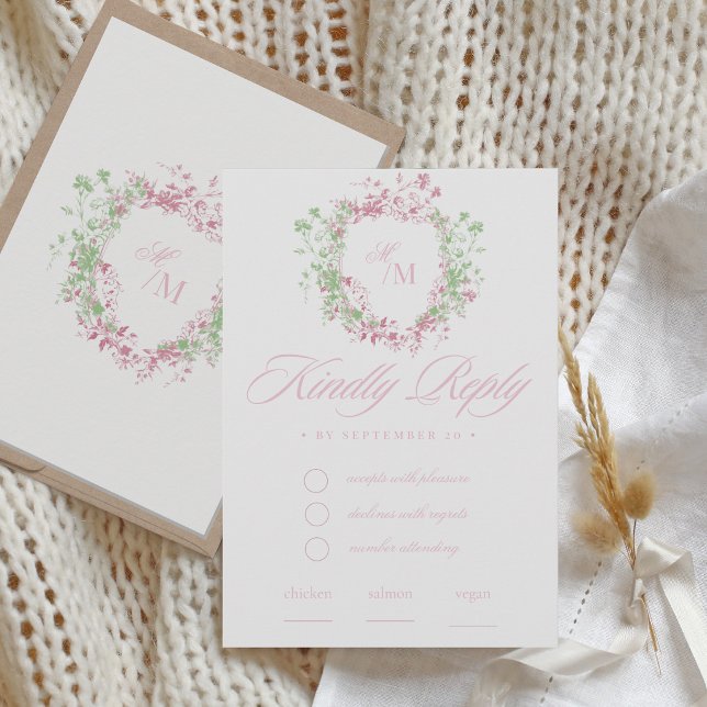 Tarjeta De Confirmación De Asistencia  Delicate French Flora Crest Wedding (Subido por el creador)
