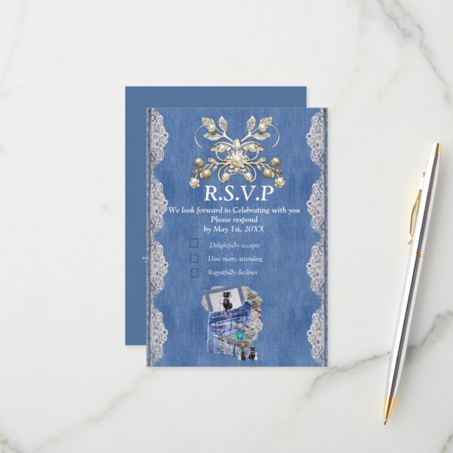 Tarjeta De Confirmación De Asistencia Denim azul, encaje, joyas de vestuario y gatitos (Anverso/Reverso In Situ)