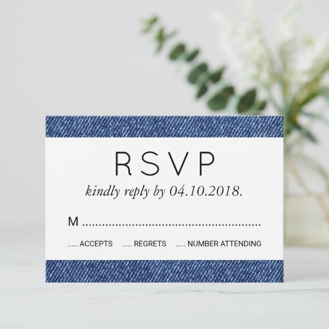 Tarjeta De Confirmación De Asistencia Denim Fabric, Denim Texture, Blue Denim, Boda (Anverso de pie)