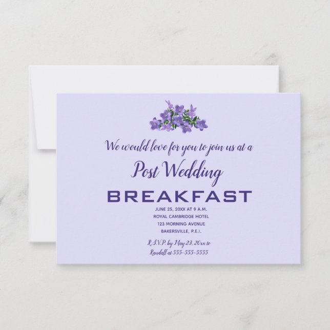 Tarjeta De Confirmación De Asistencia Desayuno Boda editable Purple Campunala Post (Anverso)