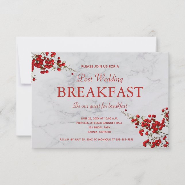 Tarjeta De Confirmación De Asistencia Desayuno de mármol gris de las Berries rojas edita (Anverso)