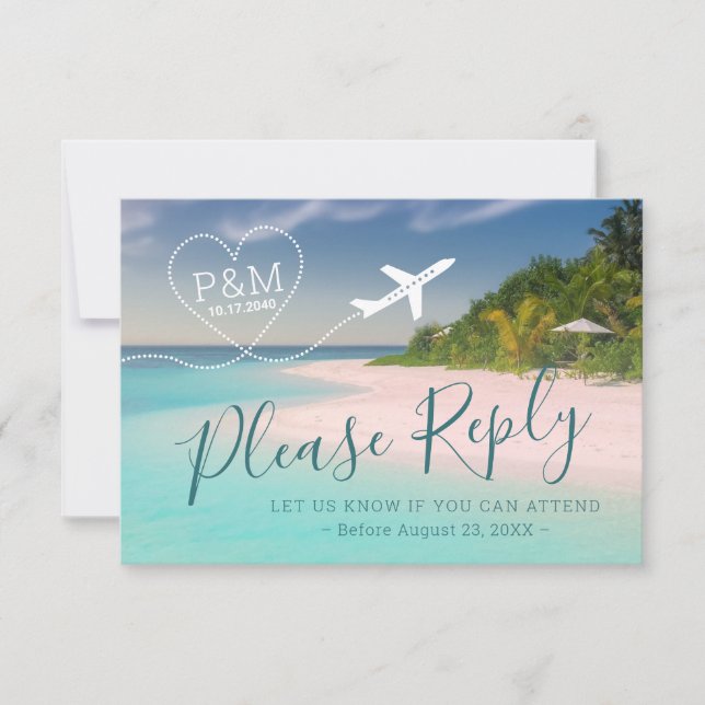 Tarjeta De Confirmación De Asistencia Destino del avión Tropical Beach Wedding Heart (Anverso)