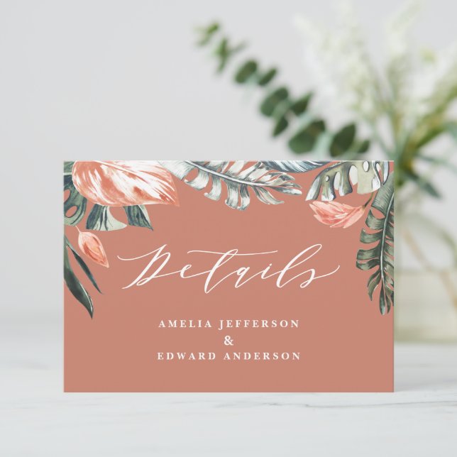 Tarjeta De Confirmación De Asistencia detalles de boda de hoja tropical de teracotta (Anverso de pie)