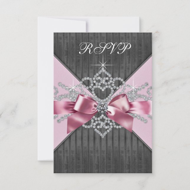 Tarjeta De Confirmación De Asistencia Diamantes blancos dulce negro rosado 16 cumpleaños (Anverso)