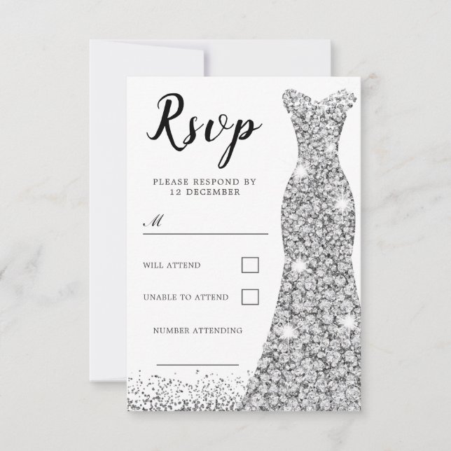 Tarjeta De Confirmación De Asistencia Diamond Sparkle Vestido Todas Las Ocasiones Noche  (Anverso)
