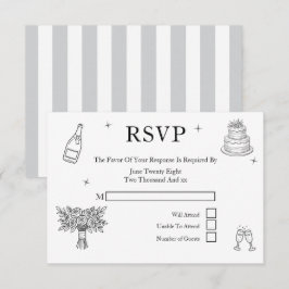 Tarjeta De Confirmación De Asistencia Dibujos Caprichosos de Boda Grises y Blancos