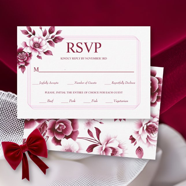 Tarjeta De Confirmación De Asistencia Disposición floral borgoñona triple boda fronteriz (Subido por el creador)