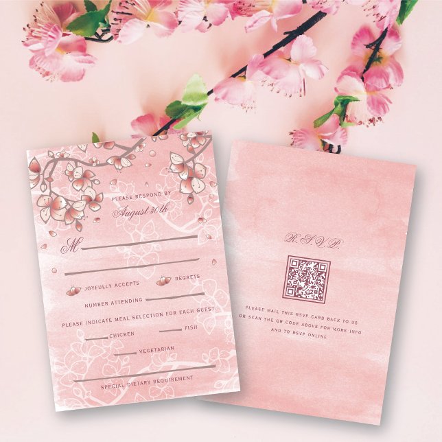 Tarjeta De Confirmación De Asistencia Doble Felicidad de Flores de Melocotón en Boda Chi (Pink Peach/Plum Blossoms Double Happiness Elegant Chinese Wedding RSVP Card @ fatfatin_red_knot)