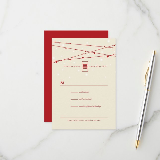 Tarjeta De Confirmación De Asistencia Doble felicidad hadas alumbran matrimonio chino RS (Anverso/Reverso In Situ)