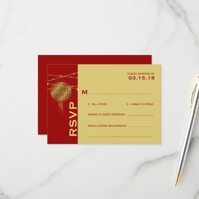 Tarjeta De Confirmación De Asistencia Doble felicidad Linternas de oro Boda chino (Anverso/Reverso In Situ)