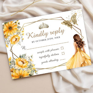 Tarjeta De Confirmación De Asistencia Dorado Amarillo Tiara Princesa Floral Sweet 16 Rsv