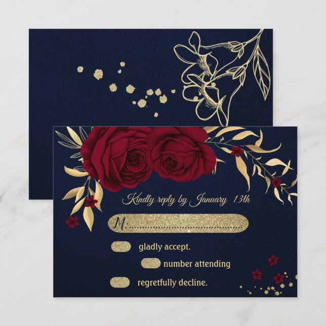 Tarjeta De Confirmación De Asistencia dorado burdeos floral azul marino (Anverso / Reverso)
