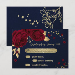 Tarjeta De Confirmación De Asistencia dorado burdeos floral azul marino