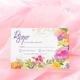 Tarjeta De Confirmación De Asistencia Dorado rosa morado verano floral acuarela