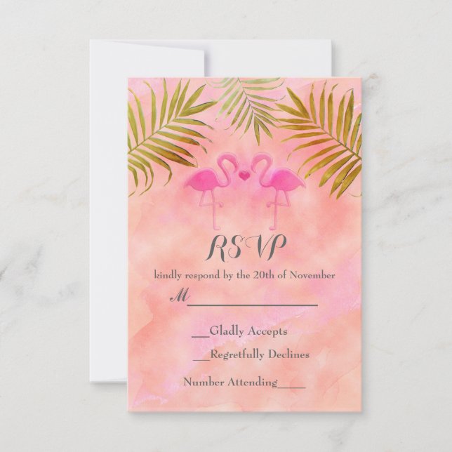 Tarjeta De Confirmación De Asistencia Dos Flamingos rosados Watercolor Beach Wedding RSV (Anverso)