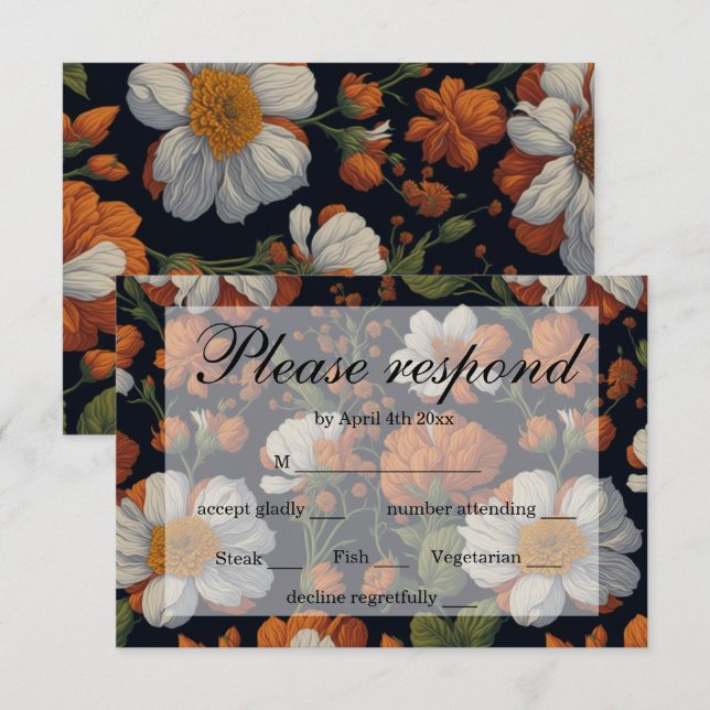 Tarjeta De Confirmación De Asistencia Dramática Naranja blanco elegante flores retro (Anverso / Reverso)