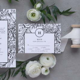 Tarjeta De Confirmación De Asistencia Dramático Boda de guirnaldas de monograma negro