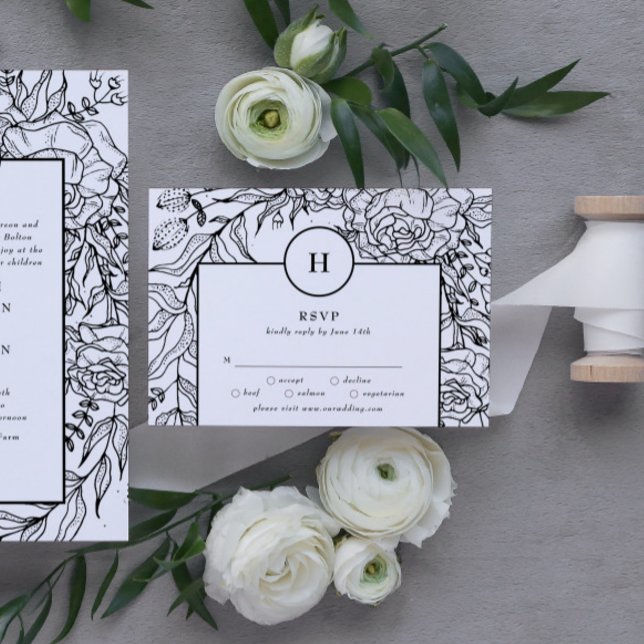 Tarjeta De Confirmación De Asistencia Dramático Boda de guirnaldas de monograma negro (RSVP showcasing suite - additional items (bought separately))