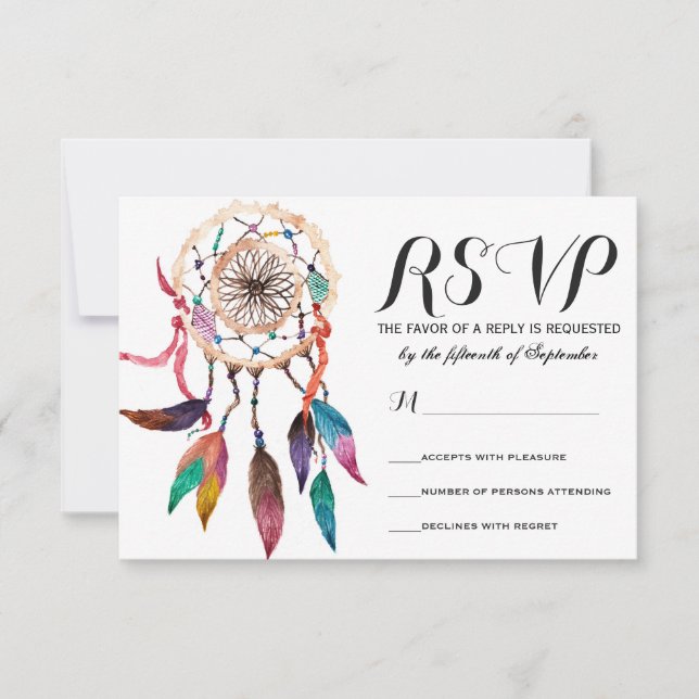 Tarjeta De Confirmación De Asistencia Dreamcatcher bohemio en vibrante pintura acuarela (Anverso)