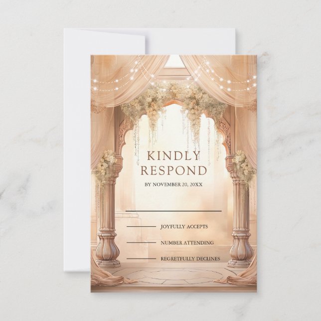 Tarjeta De Confirmación De Asistencia Dreamy Cream Floral Indian Mandap Hindu Wedding (Anverso)