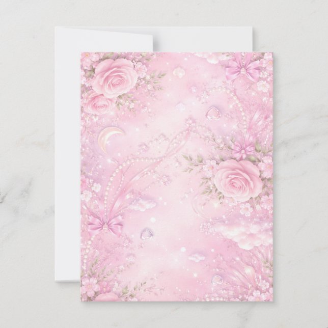 Tarjeta De Confirmación De Asistencia Dreamy Pink Rose Floral Pearls Bows Sparkle Pastel (Anverso)