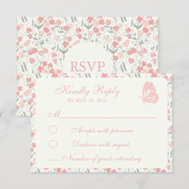 Tarjeta De Confirmación De Asistencia Dulce Pea Floral Rosa y Crema (Anverso / Reverso)