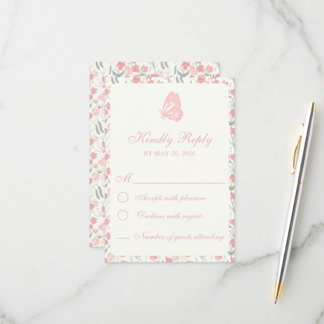 Tarjeta De Confirmación De Asistencia Dulce Pea Floral Rosa y Crema (Anverso/Reverso In Situ)