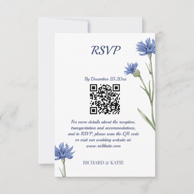 Tarjeta De Confirmación De Asistencia Duste Blue Floral negrita estilo Código QR tarjeta (Anverso)