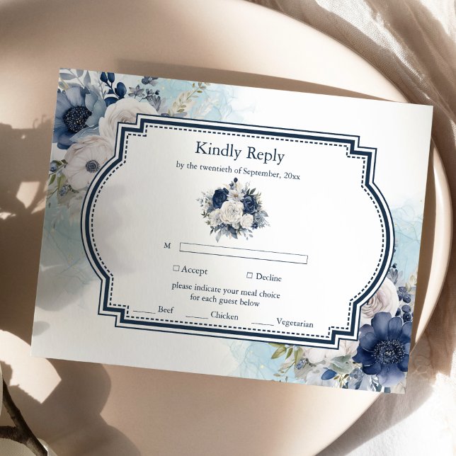Tarjeta De Confirmación De Asistencia Dusty Blue and Navy Floral Elegant Wedding (Subido por el creador)