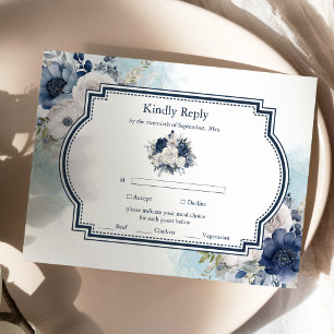 Tarjeta De Confirmación De Asistencia Dusty Blue and Navy Floral Elegant Wedding