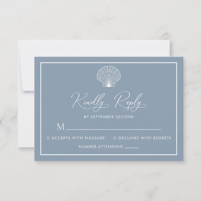 Tarjeta De Confirmación De Asistencia Dusty Blue Beach Seashell Elegant Wedding (Anverso)