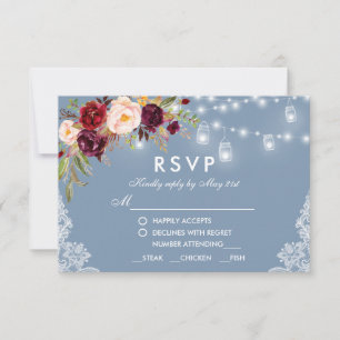 Tarjeta De Confirmación De Asistencia Dusty Blue Burgundy Floral Jar Luces Boda Comida