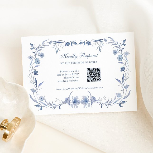 Tarjeta De Confirmación De Asistencia Dusty Blue Chinoiserie | Boda de código QR (Subido por el creador)